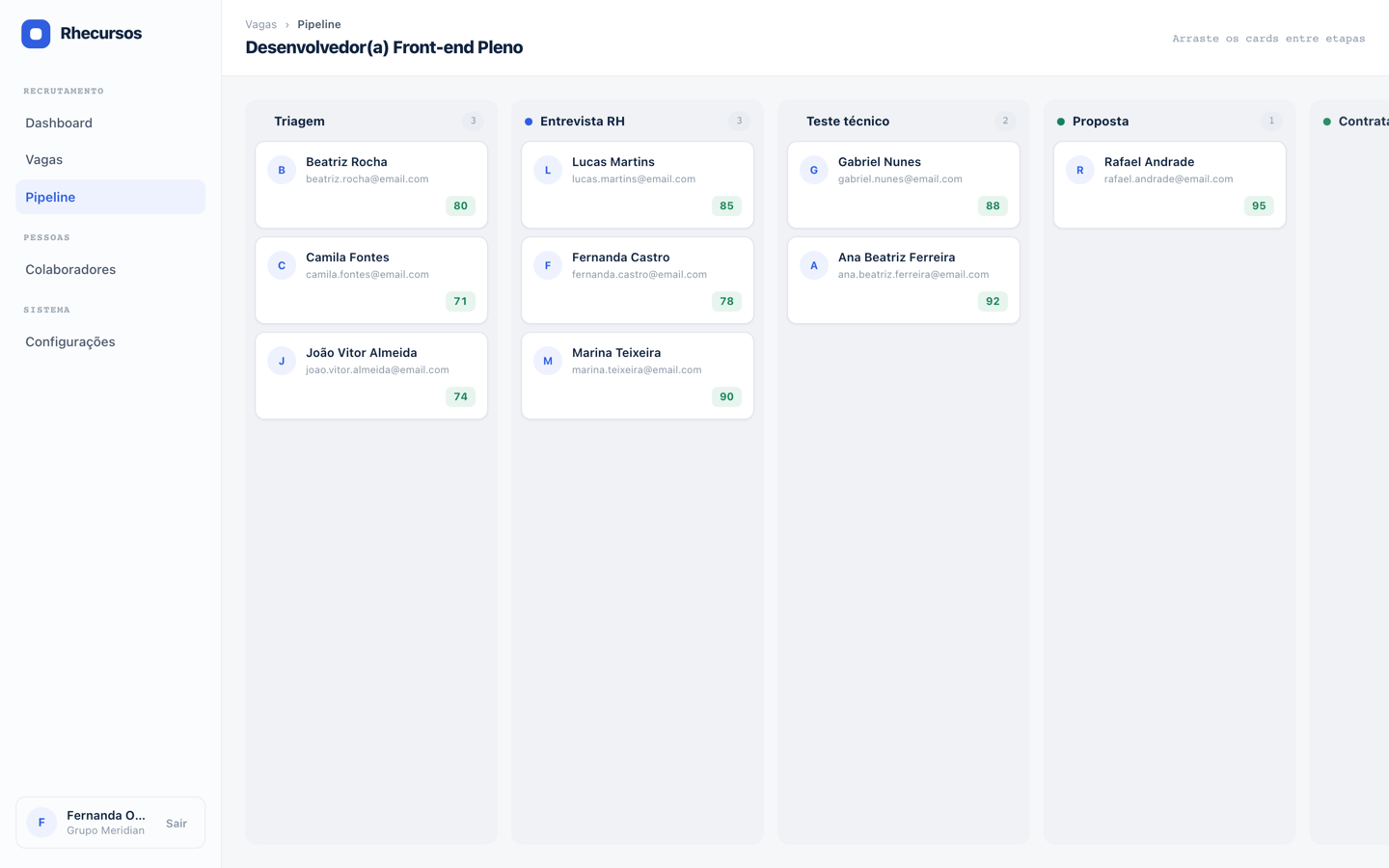 Pipeline de seleção kanban do Rhecursos